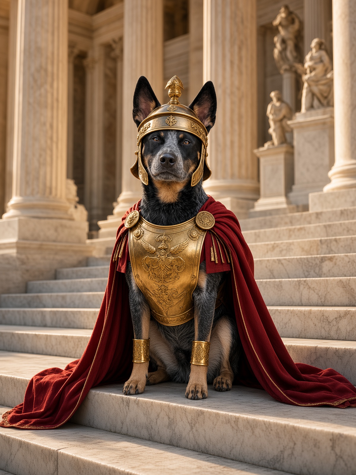 Barkus Aurelius seated in full armor on marble steps, in Roman armor and laurel wreath