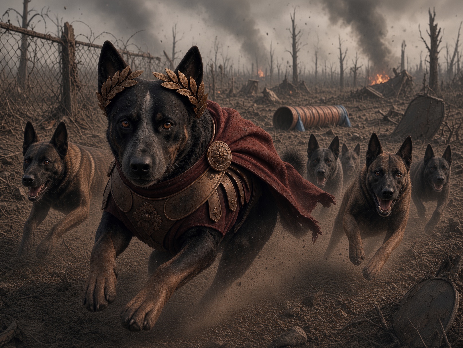 Barkus Aurelius leading a pack across the dog park, in Roman armor and laurel wreath