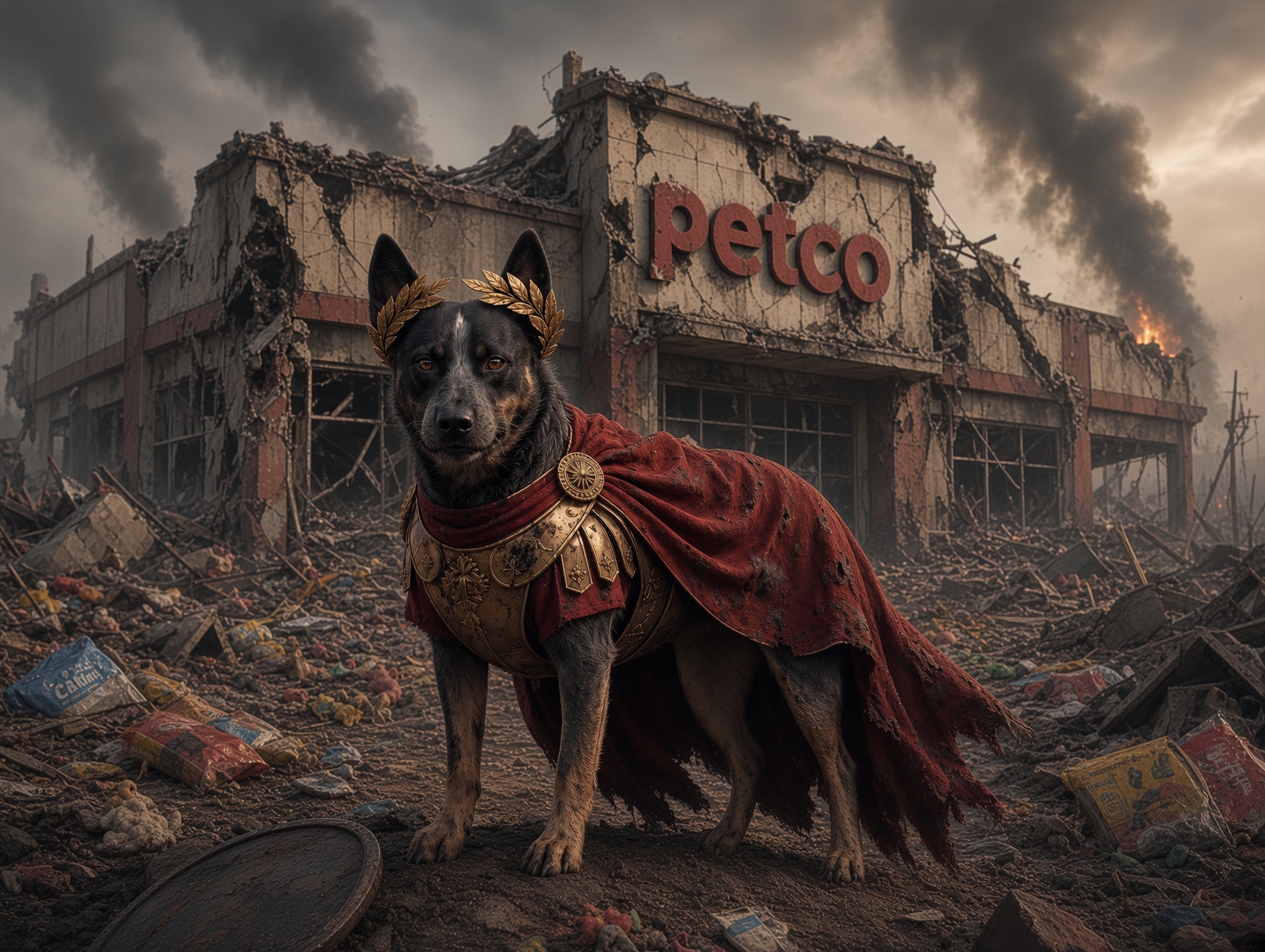 Barkus Aurelius standing before a captured pet store, in Roman armor and laurel wreath