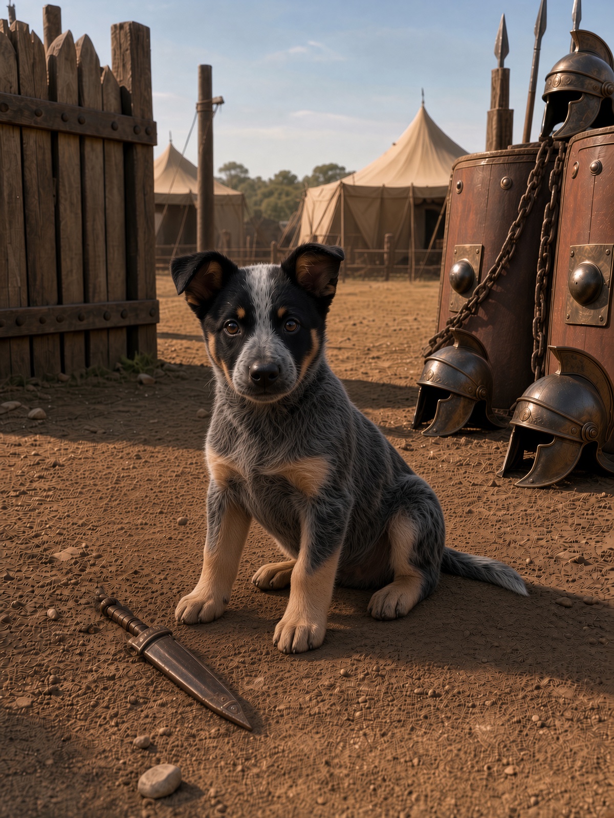 Barkus Aurelius as a puppy, seated in a Roman military camp beside armor and a blade